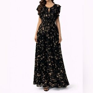 Caara Maxi Dress M Medium Short Flutter Sleeves Velvet Burnout Black Cream